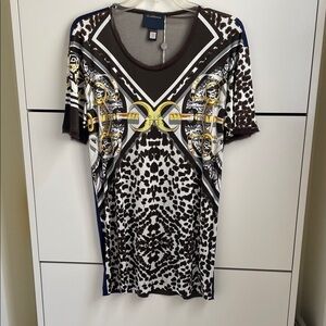 Class Roberto Cavalli Brown, Black & Gold Printed Short Sleeve Top NWT